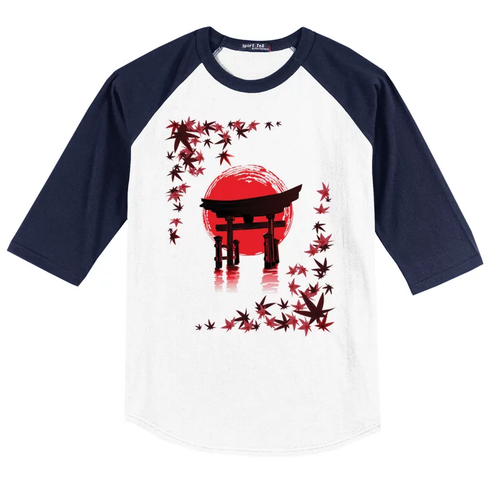 Torii Arch Sunset Maple Leaves Red Sun Baseball Sleeve Shirt