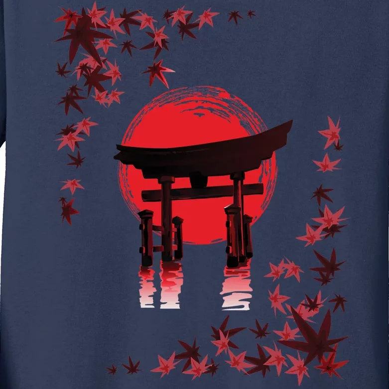 Torii Arch Sunset Maple Leaves Red Sun Kids Long Sleeve Shirt