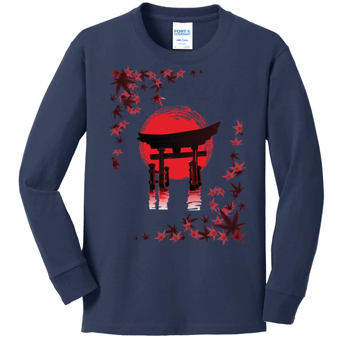 Torii Arch Sunset Maple Leaves Red Sun Kids Long Sleeve Shirt