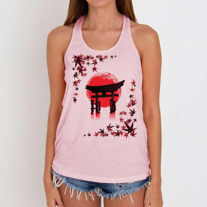 Torii Arch Sunset Maple Leaves Red Sun Women's Knotted Racerback Tank