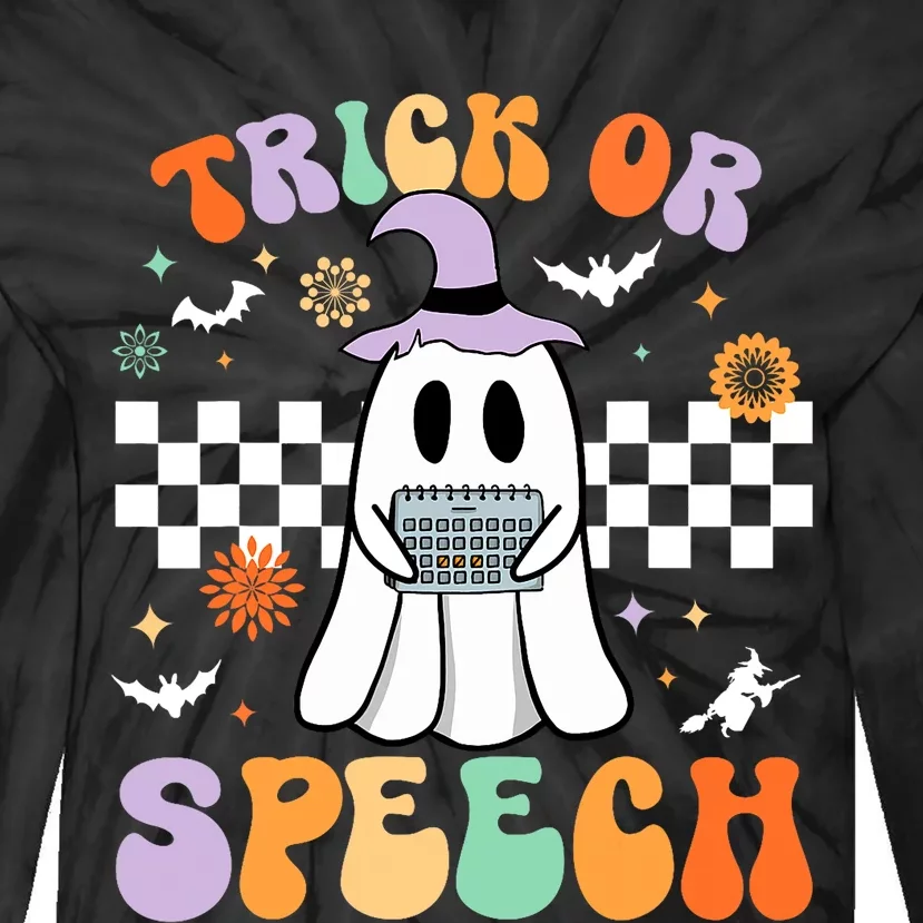 Trick Or Speech Retro Slp Halloween Speech Therapy Halloween Tie-Dye Long Sleeve Shirt