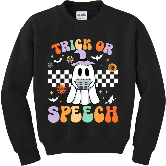 Trick Or Speech Retro Slp Halloween Speech Therapy Halloween Kids Sweatshirt