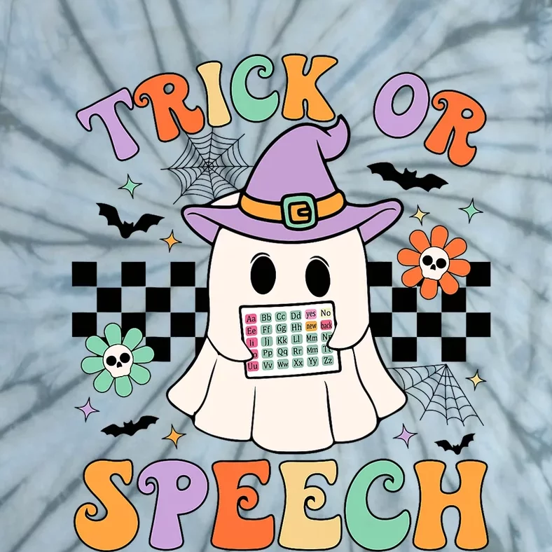 Trick Or Speech Retro Slp Halloween Speech Therapy Halloween Cute Ghost Tie-Dye T-Shirt