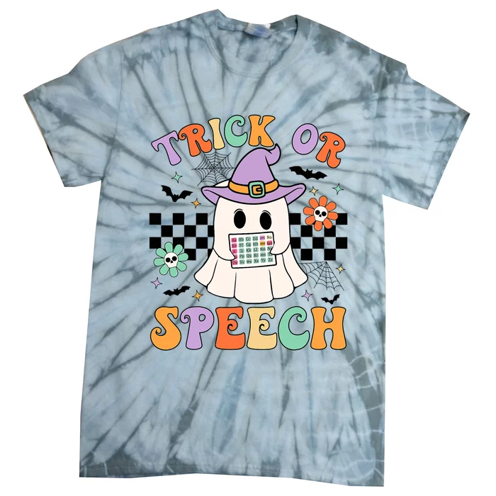 Trick Or Speech Retro Slp Halloween Speech Therapy Halloween Cute Ghost Tie-Dye T-Shirt