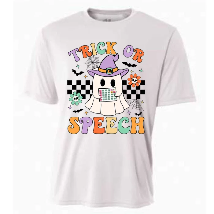 Trick Or Speech Retro Slp Halloween Speech Therapy Halloween Cute Ghost Cooling Performance Crew T-Shirt