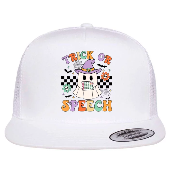 Trick Or Speech Retro Slp Halloween Speech Therapy Halloween Cute Ghost Flat Bill Trucker Hat