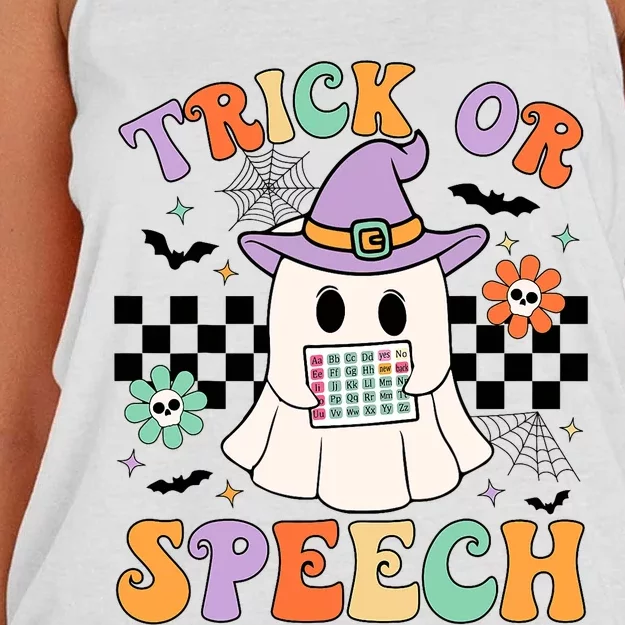 Trick Or Speech Retro Slp Halloween Speech Therapy Halloween Cute Ghost Women's Knotted Racerback Tank