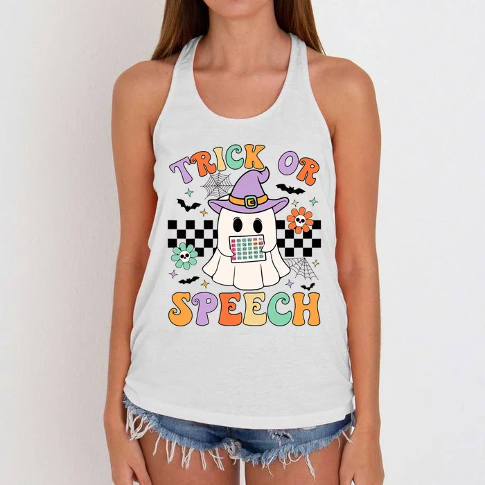 Trick Or Speech Retro Slp Halloween Speech Therapy Halloween Cute Ghost Women's Knotted Racerback Tank