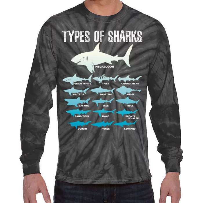 Types Of Sharks Marine Biologist 16 Shark Lovers Gift Tie-Dye Long Sleeve Shirt