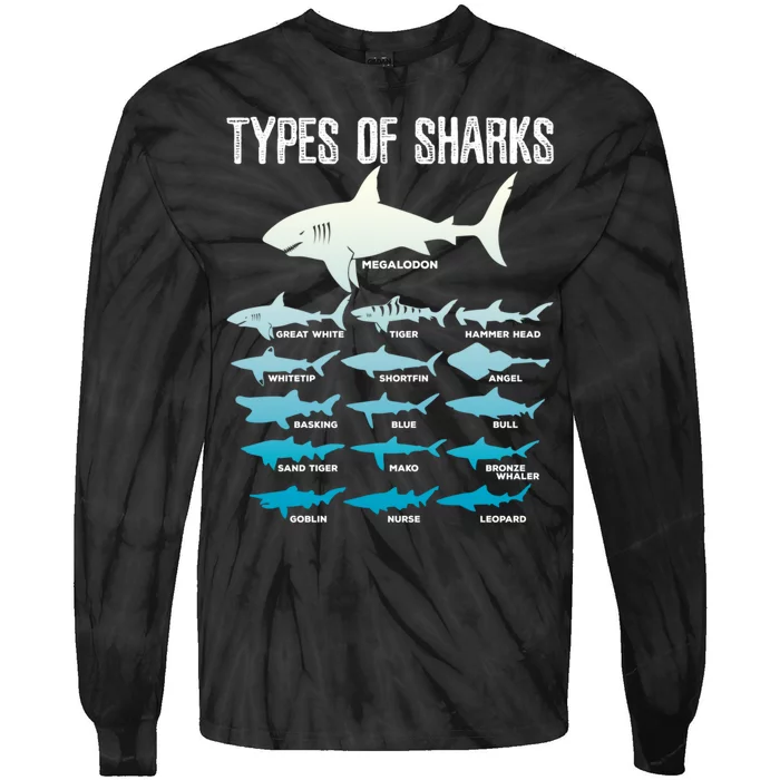 Types Of Sharks Marine Biologist 16 Shark Lovers Gift Tie-Dye Long Sleeve Shirt