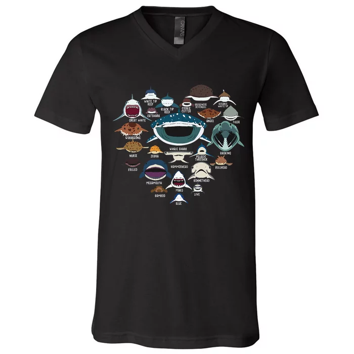 Types Of Shark Identification Shark Faces Tee Marine Biology V-Neck T-Shirt