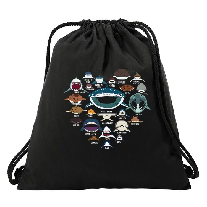 Types Of Shark Identification Shark Faces Tee Marine Biology Drawstring Bag