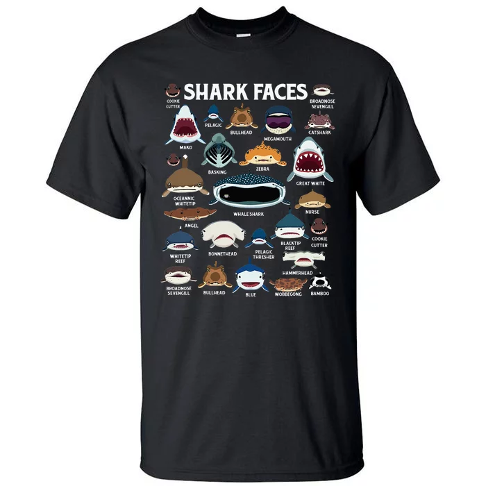 Types Of Sharks Faces Identification Birthday School Tall T-Shirt