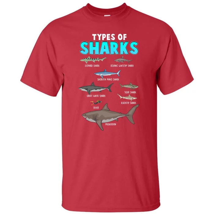 Types Of Sharks Ocean Marine Biology Fishing Shark Lovers Tall T-Shirt