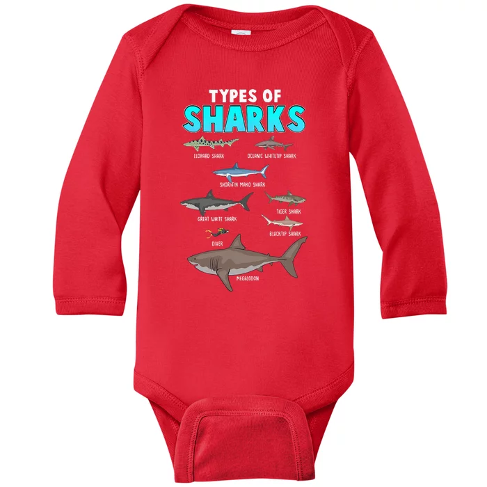 Types Of Sharks Ocean Marine Biology Fishing Shark Lovers Baby Long Sleeve Bodysuit