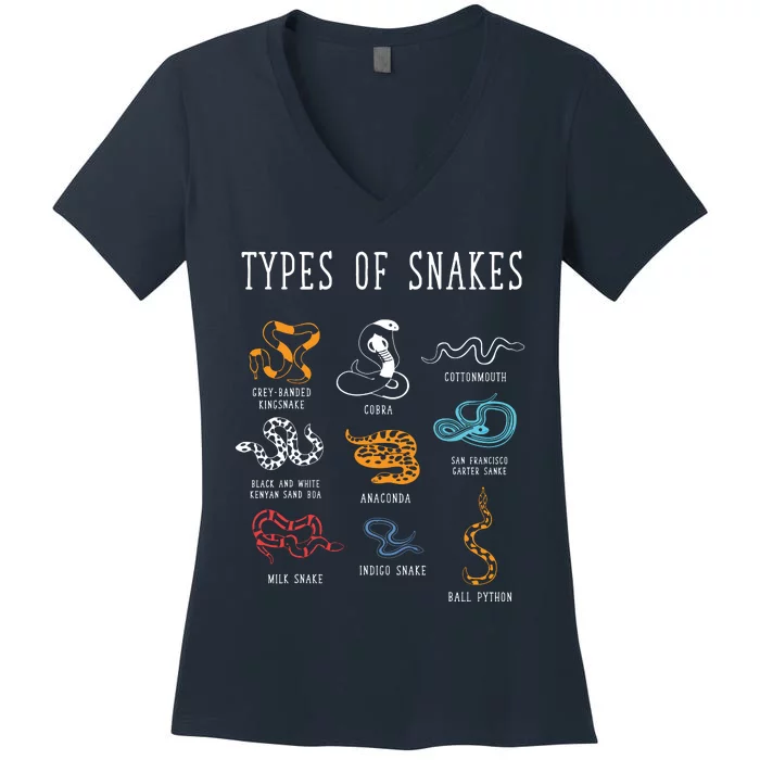 Types Of Snakes Educational Serpent 9 Different Snake Women's V-Neck T-Shirt