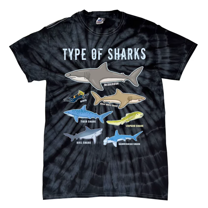 Type Of Sharks 6 Sharks Sea Creatures Cute Shark Tie-Dye T-Shirt