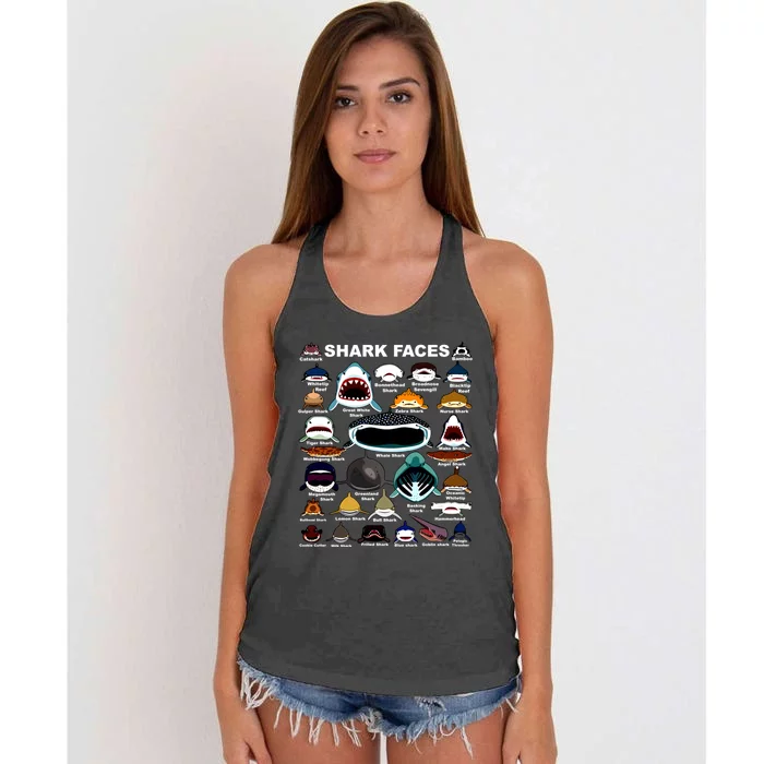 Types Of Sharks Faces Identification Birthday School Women's Knotted Racerback Tank