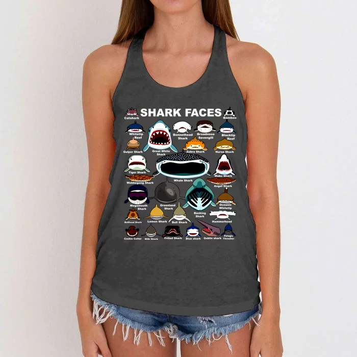 Types Of Sharks Faces Identification Birthday School Women's Knotted Racerback Tank