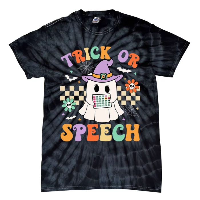 Trick Or Speech Retro Slp Halloween Speech Therapy Halloween Tie-Dye T-Shirt