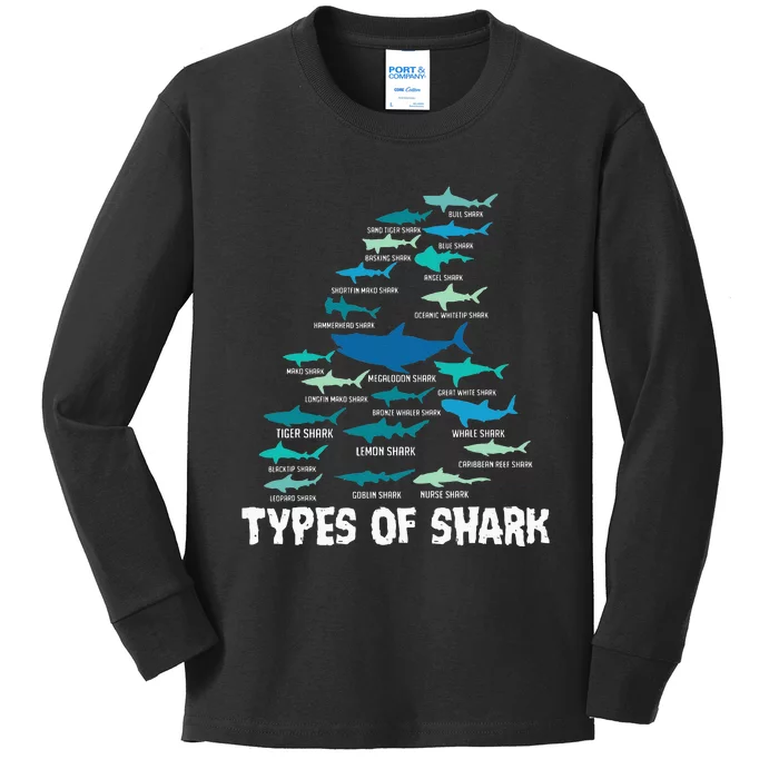 Types Of Shark Megalodon Great White Nurse Shark Kids Long Sleeve Shirt