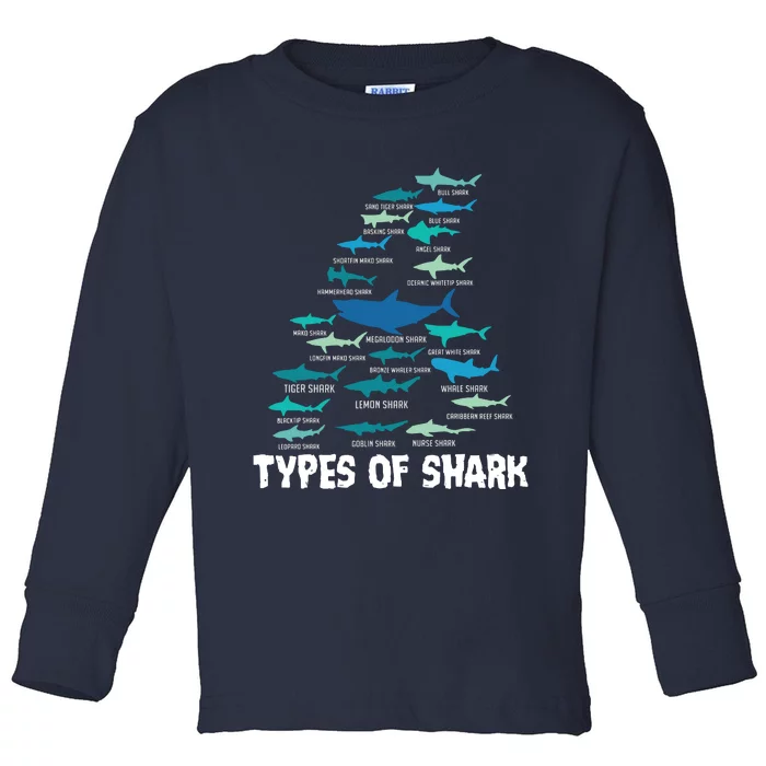 Types Of Shark Megalodon Great White Nurse Shark Toddler Long Sleeve Shirt