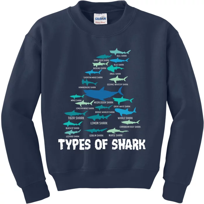 Types Of Shark Megalodon Great White Nurse Shark Kids Sweatshirt