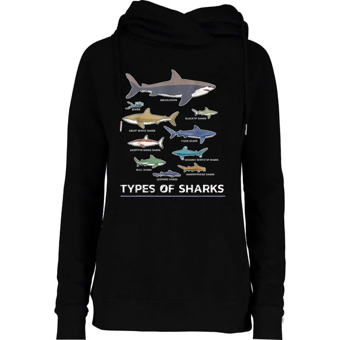 Types of Shark Megalodon Great White Nurse Shark Womens Funnel Neck Pullover Hood