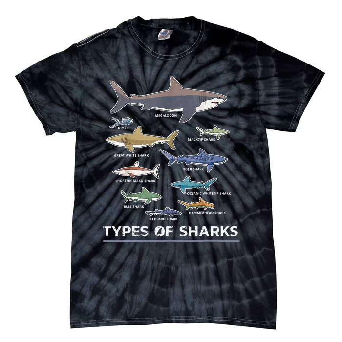 Types of Shark Megalodon Great White Nurse Shark Tie-Dye T-Shirt