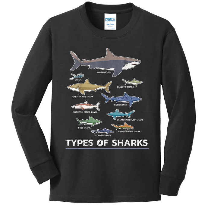 Types of Shark Megalodon Great White Nurse Shark Kids Long Sleeve Shirt