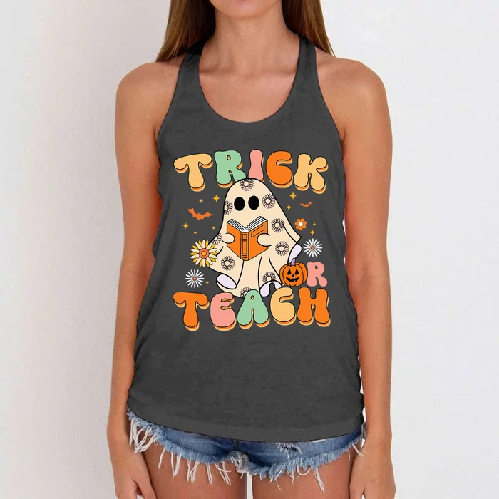 Trick Or Teach Teacher Groovy Halloween Retro Floral Ghost Women's Knotted Racerback Tank