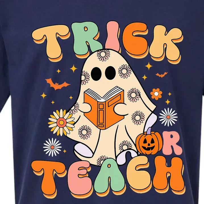 Trick Or Teach Teacher Groovy Halloween Retro Floral Ghost Sueded Cloud Jersey T-Shirt