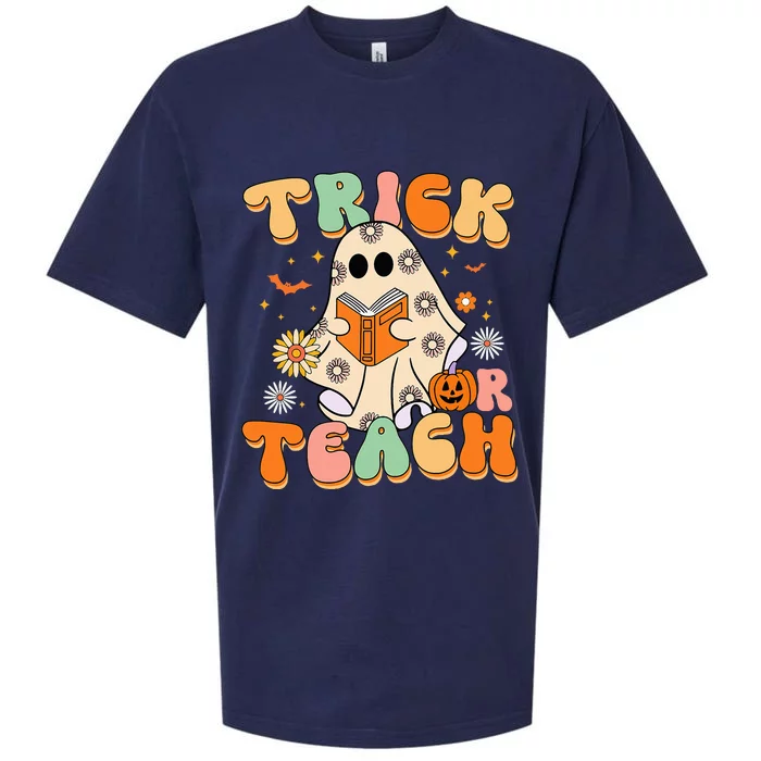 Trick Or Teach Teacher Groovy Halloween Retro Floral Ghost Sueded Cloud Jersey T-Shirt