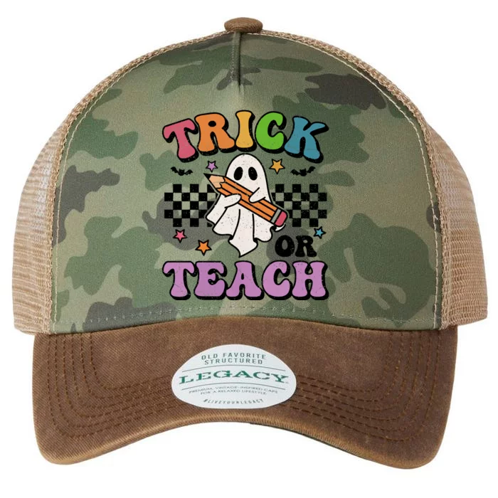 Trick Or Teach Retro Groovy Halloween Floral Ghost Teacher Gift Legacy Tie Dye Trucker Hat