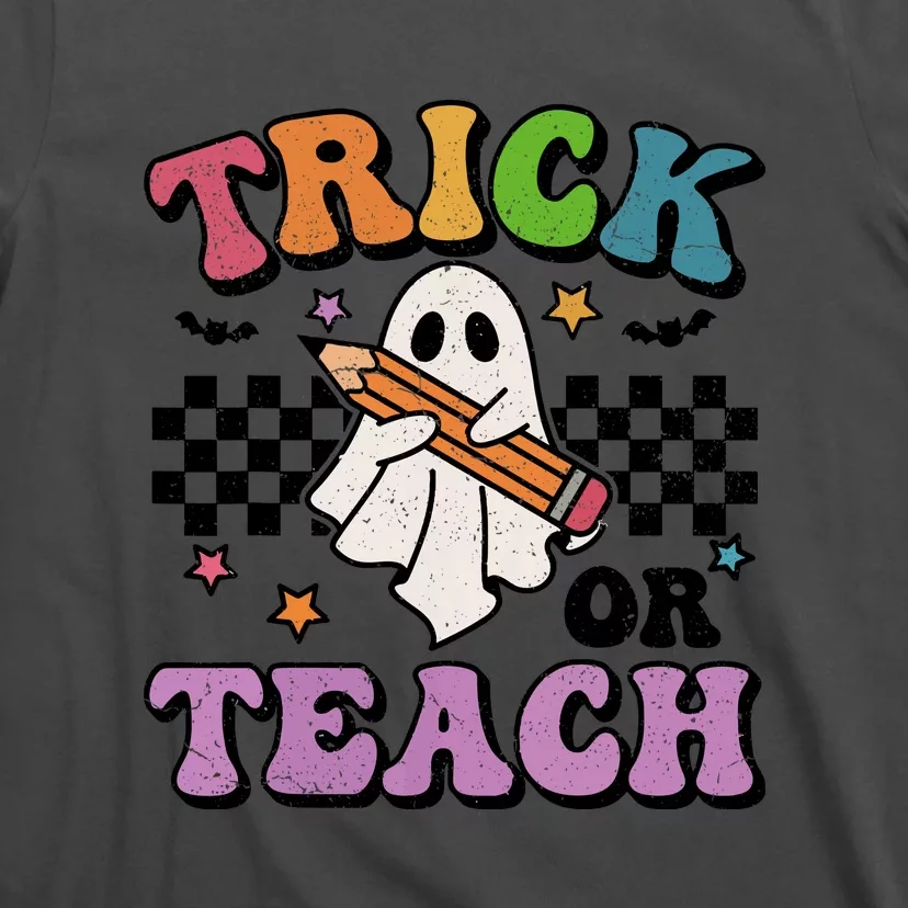 Trick Or Teach Retro Groovy Halloween Floral Ghost Teacher Gift T-Shirt