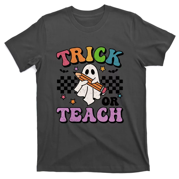 Trick Or Teach Retro Groovy Halloween Floral Ghost Teacher Gift T-Shirt