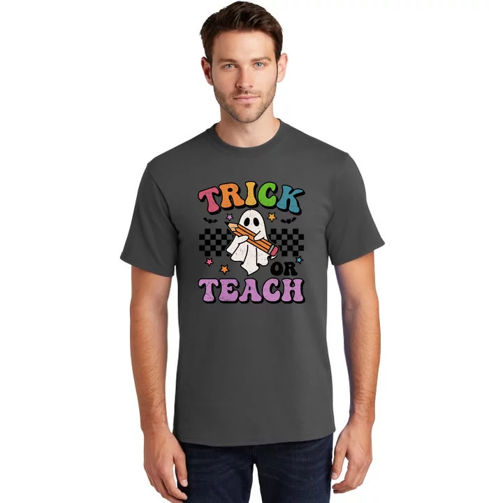 Trick Or Teach Retro Groovy Halloween Floral Ghost Teacher Gift Tall T-Shirt