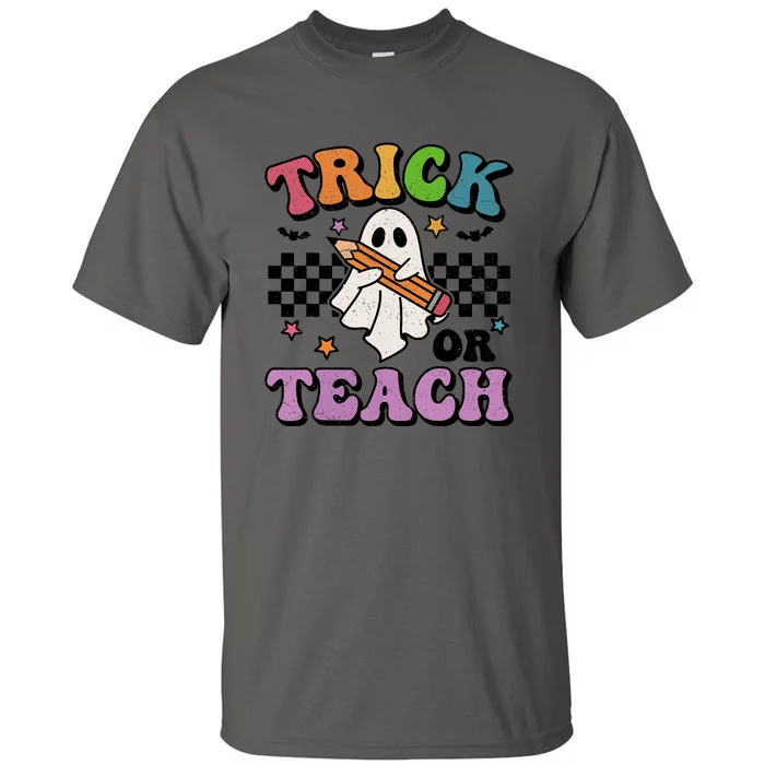 Trick Or Teach Retro Groovy Halloween Floral Ghost Teacher Gift Tall T-Shirt