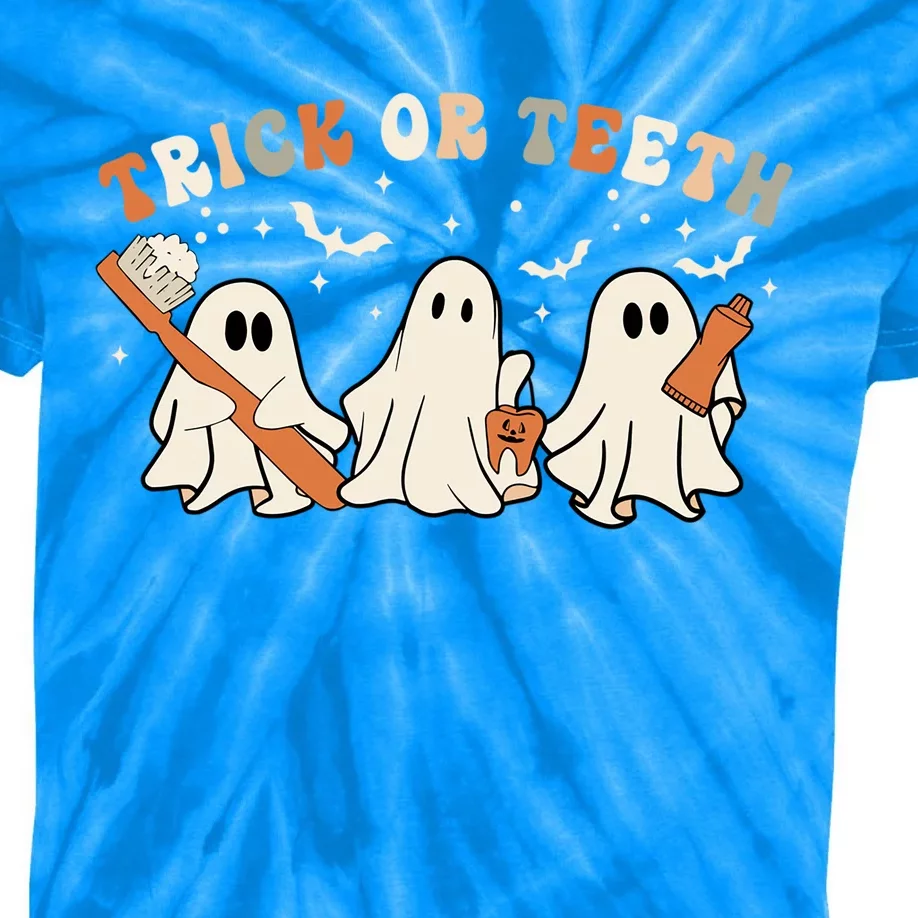 Trick Or Teeth Funny Boo Retro Groovy Style Dental Halloween Cute Gift Kids Tie-Dye T-Shirt