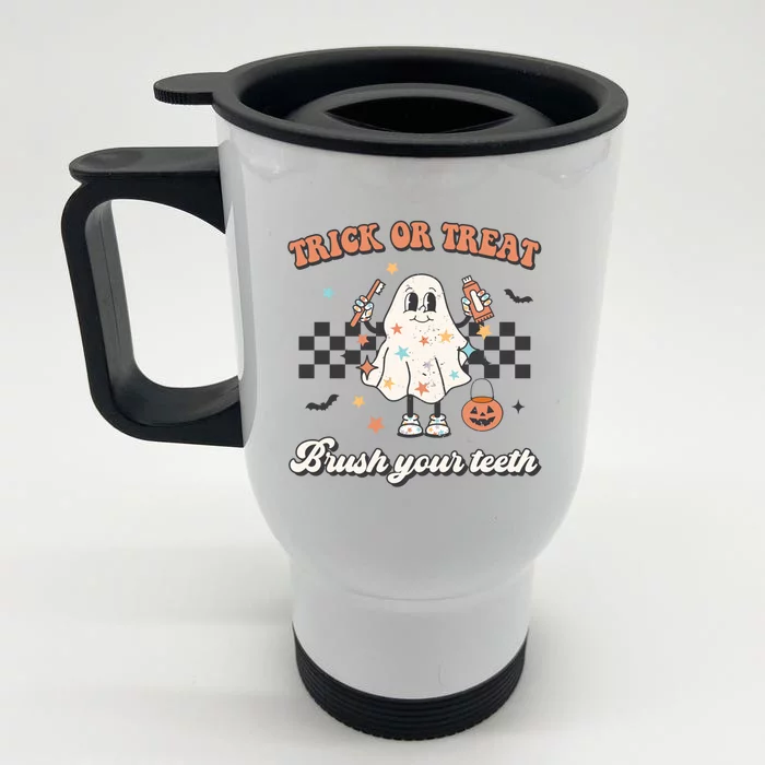 Trick Or Treat Brush Your Teeth Retro Halloween Cute Dentist Gift Front & Back Stainless Steel Travel Mug