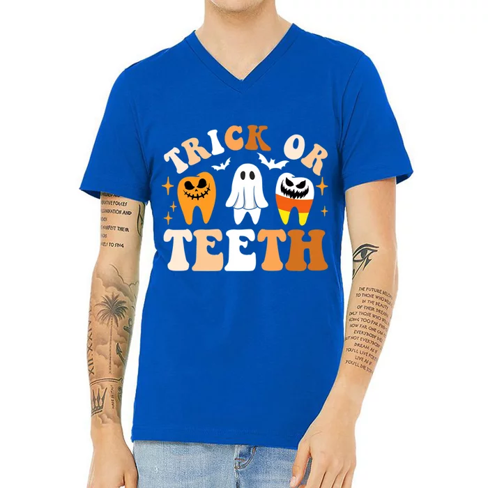 Trick Or Teeth Funny Dental Spooky Halloween Treat Dentist Gift V-Neck T-Shirt