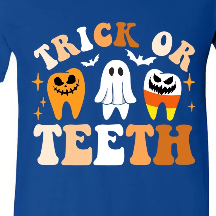 Trick Or Teeth Funny Dental Spooky Halloween Treat Dentist Gift V-Neck T-Shirt