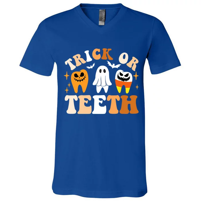 Trick Or Teeth Funny Dental Spooky Halloween Treat Dentist Gift V-Neck T-Shirt