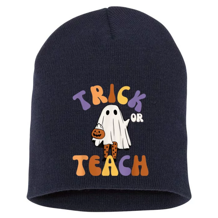 Trick or Teach Retro Groovy Halloween Cute Fun Ghost Teacher Short Acrylic Beanie