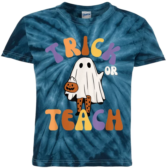 Trick or Teach Retro Groovy Halloween Cute Fun Ghost Teacher Kids Tie-Dye T-Shirt