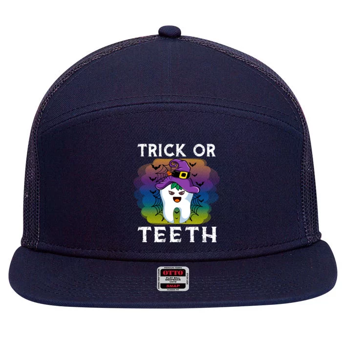 Trick Or Teeth Funny Dentist Halloween Dental Squad Gift 7 Panel Mesh Trucker Snapback Hat