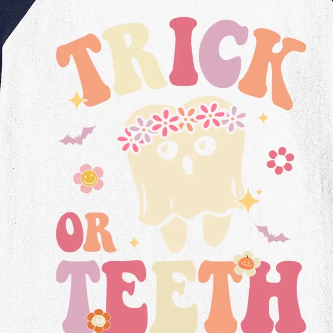 Trick Or Teeth Ghost Groovy Dental Halloween Treat Dentist Gift Baseball Sleeve Shirt