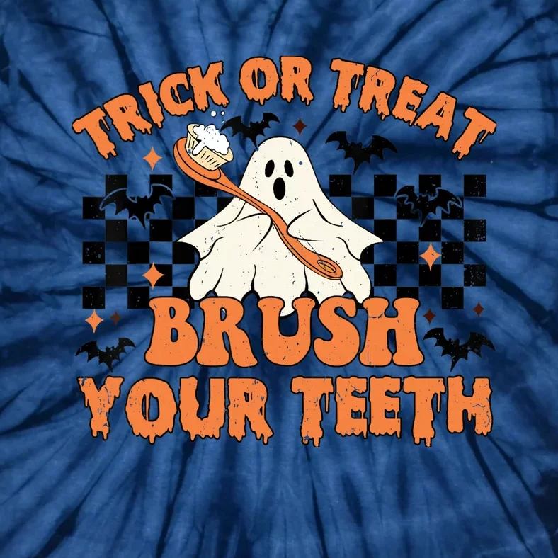 Trick Or Treat Brush Your Teeth Dental Halloween Ghosh Funny Tie-Dye T-Shirt