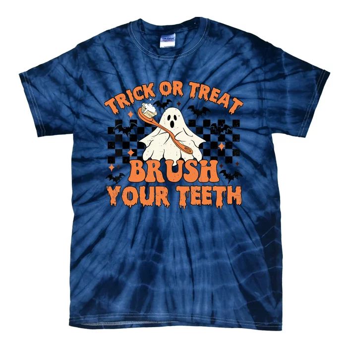 Trick Or Treat Brush Your Teeth Dental Halloween Ghosh Funny Tie-Dye T-Shirt