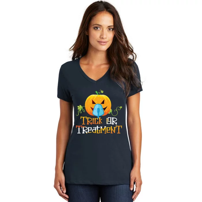 Trick Or Treatment Respiratory Therapist Halloween 2020 Women's V-Neck T-Shirt